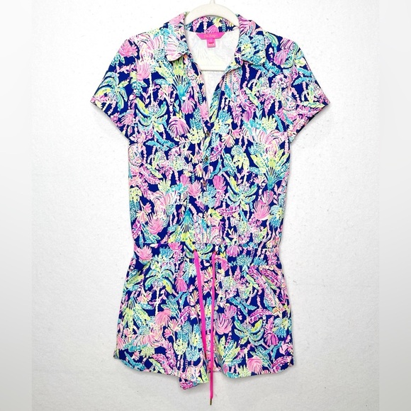 Lilly Pulitzer Jorgie Romper in Oyster Bay Navy Seen and Herd Size Small - Picture 3 of 10
